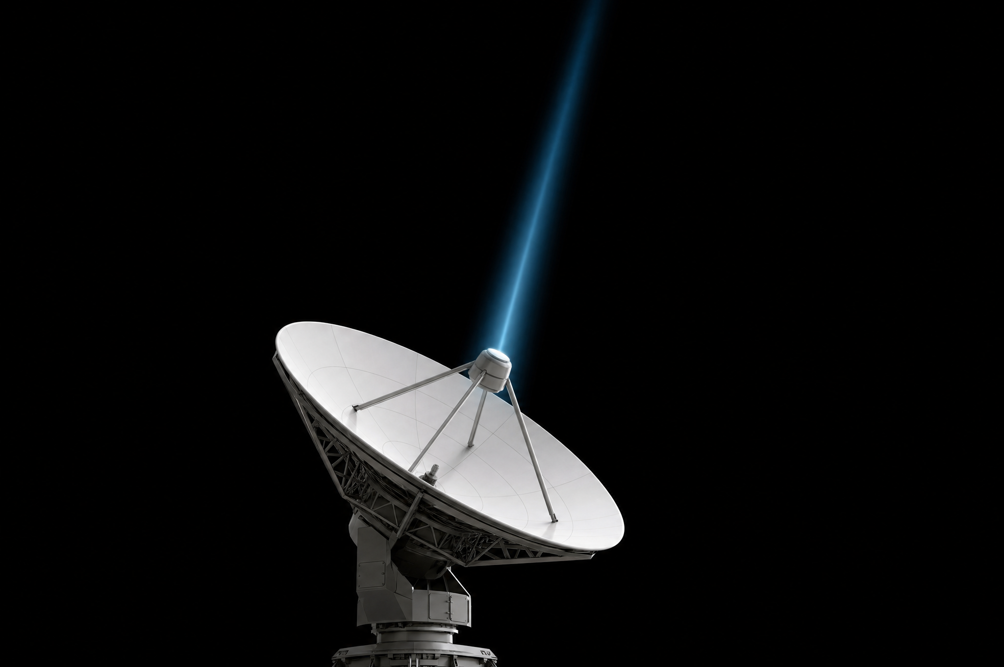 Ground station antenna sending a beam of light into the night sky